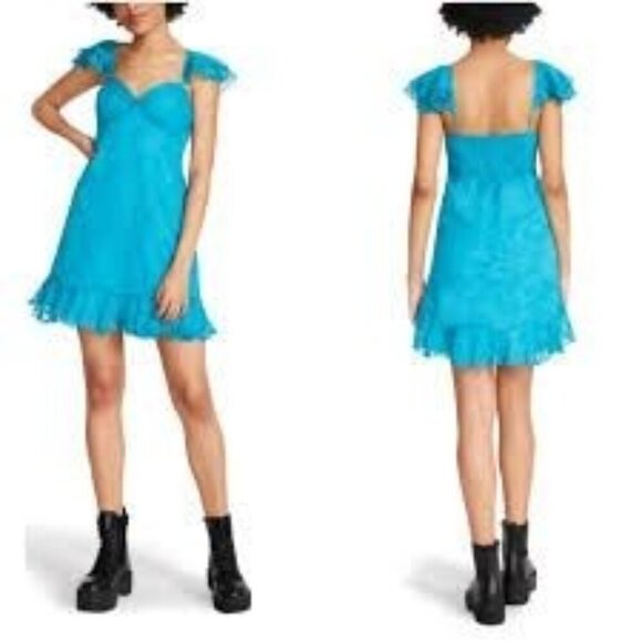 Betsey Johnson XL Blue Floral Chiffon Flowy Fairy Mini Babydoll Peplum Dress - Picture 10 of 11